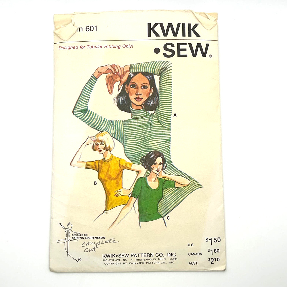 Kwik Sew Vintage Retro 1970's Pattern #601 Ribbing Tops 3 Styles Size 6-18